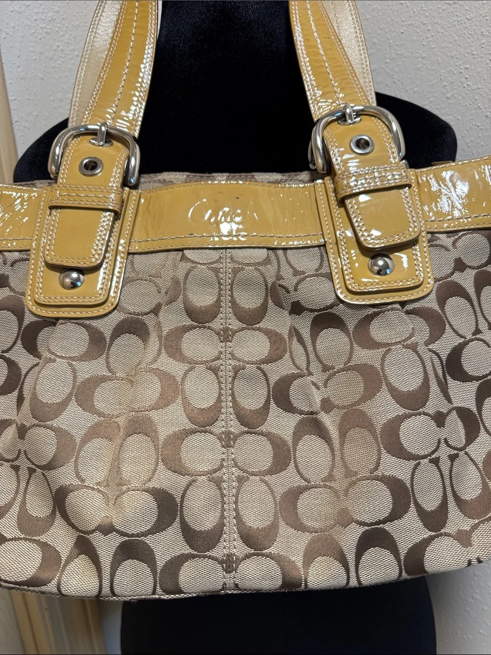 Coach Brown Signature Tote with Yellow Patent Trim